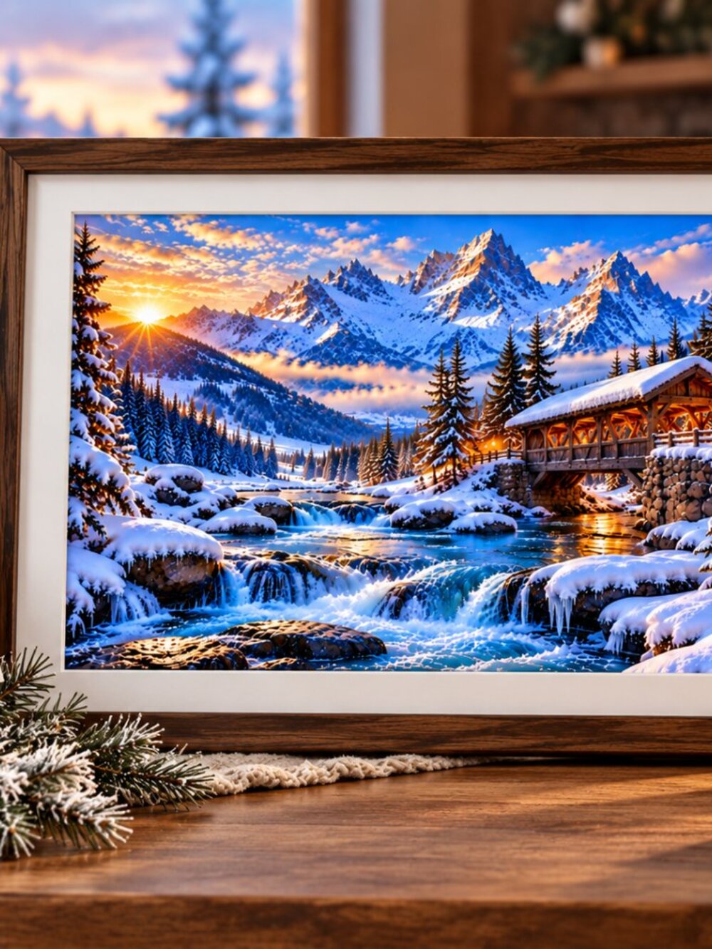 Winter Mountain Wall Art, Covered Bridge Snow Print - Picture 9 of 10